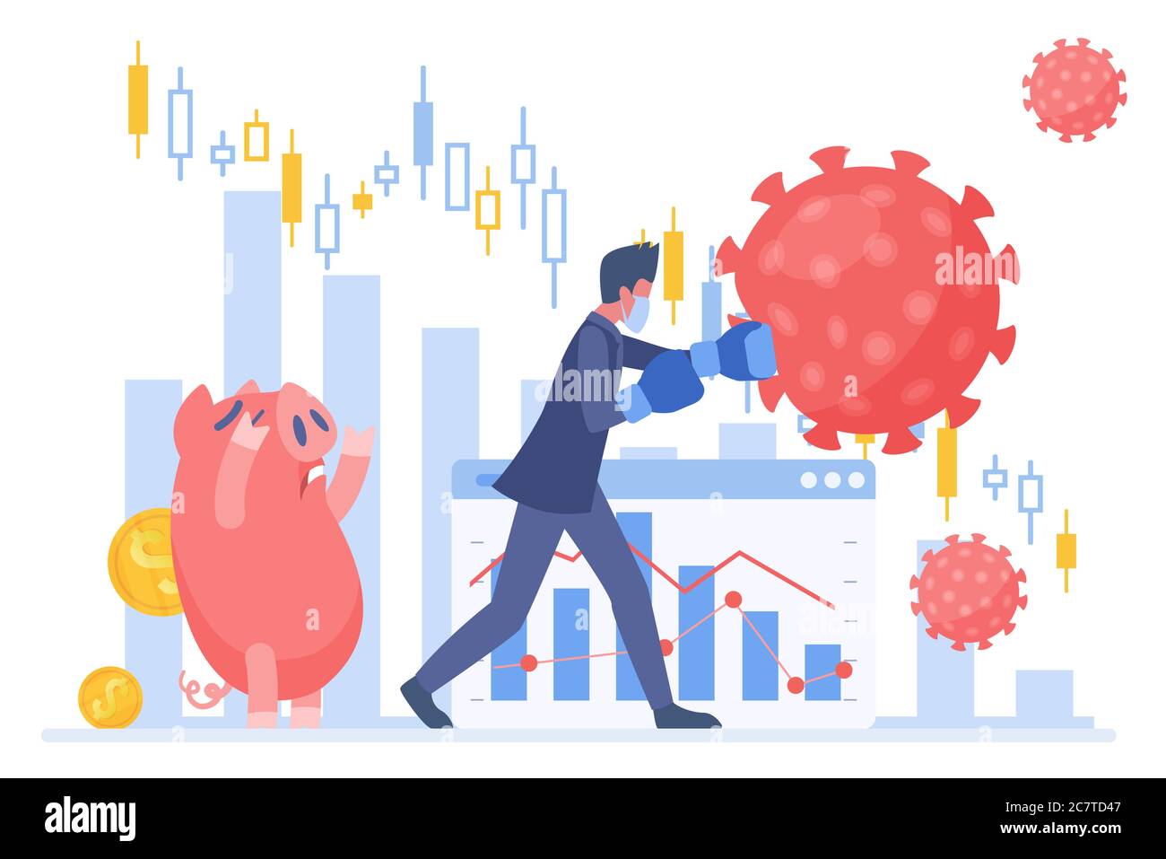 Protezione da coronavirus per l'illustrazione vettoriale aziendale. Cartoon piatto minuscolo uomo d'affari combatte il virus corona, attacca rosso covid-19, protegge la banca piggy dalla perdita di denaro. Concetto di crisi finanziaria pandemica Illustrazione Vettoriale