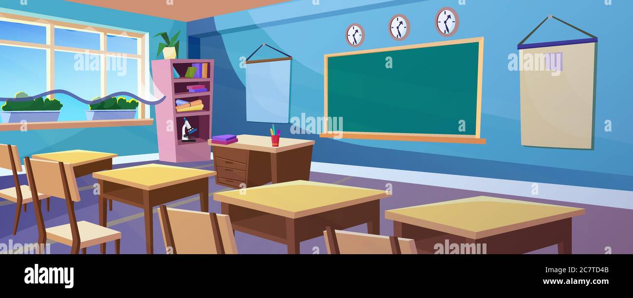 Scuola secondaria vuota aula panoramica interna cartoon panorama illustrazione vettoriale. Camera panoramica con grande finestra trasparente, piante, comode scrivanie in legno, sedie e lavagna Illustrazione Vettoriale