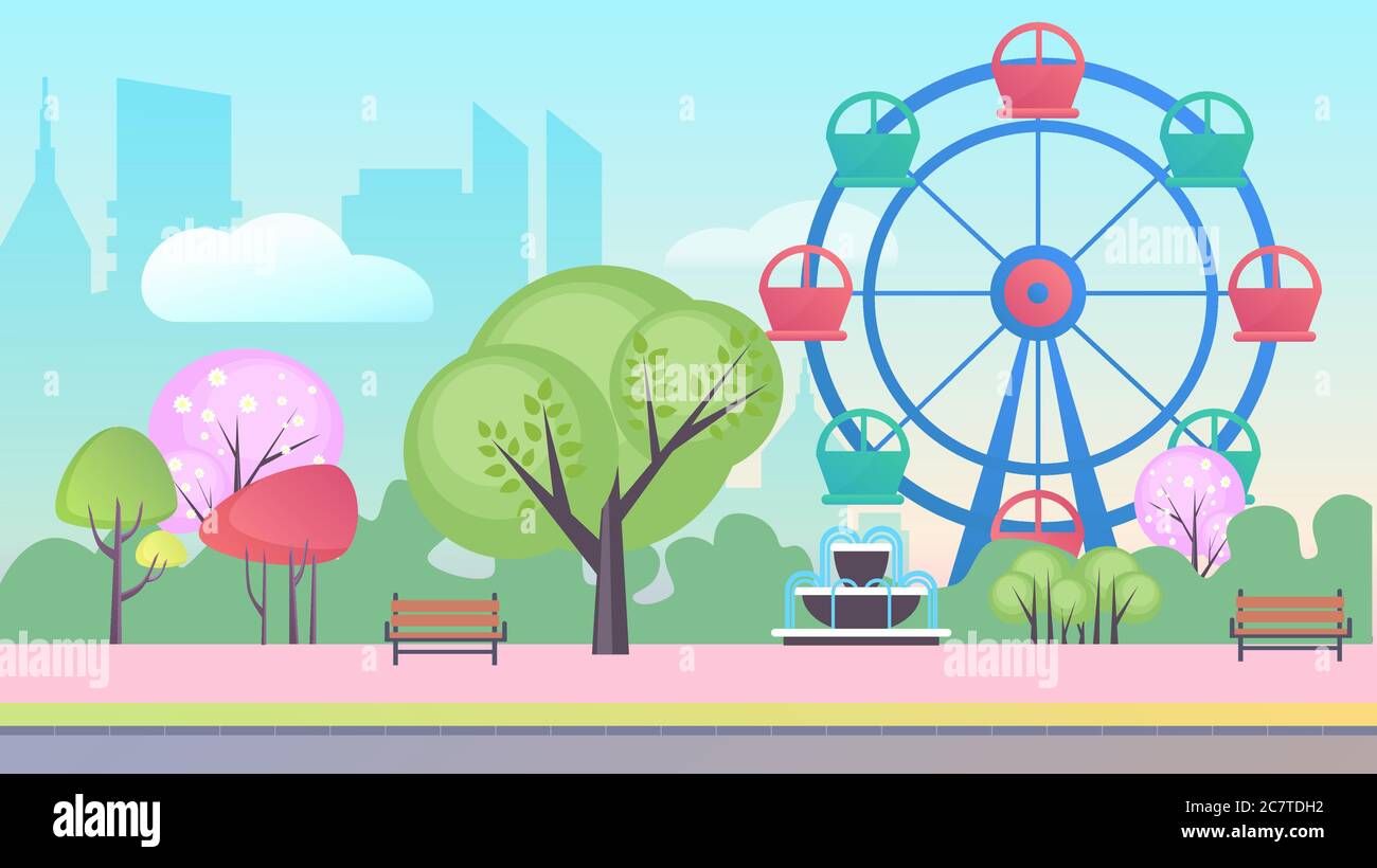 Parco di intrattenimento in grande città cartoon piano paesaggio sfondo vettoriale illustrazione concetto. Cielo blu, molti alberi, ruota di ferro con cabine colorate, fontana a cascata, panchine in legno, senza persone Illustrazione Vettoriale