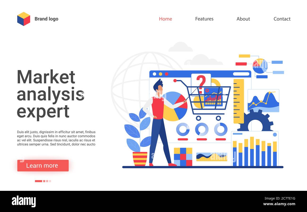 Illustrazione vettoriale esperta di analisi aziendale. Cartoon carattere businessman consulta, fa la ricerca finanziaria, report analisi dei dati online. Servizio di consulenza Internet, progettazione di siti web con interfaccia piatta Illustrazione Vettoriale