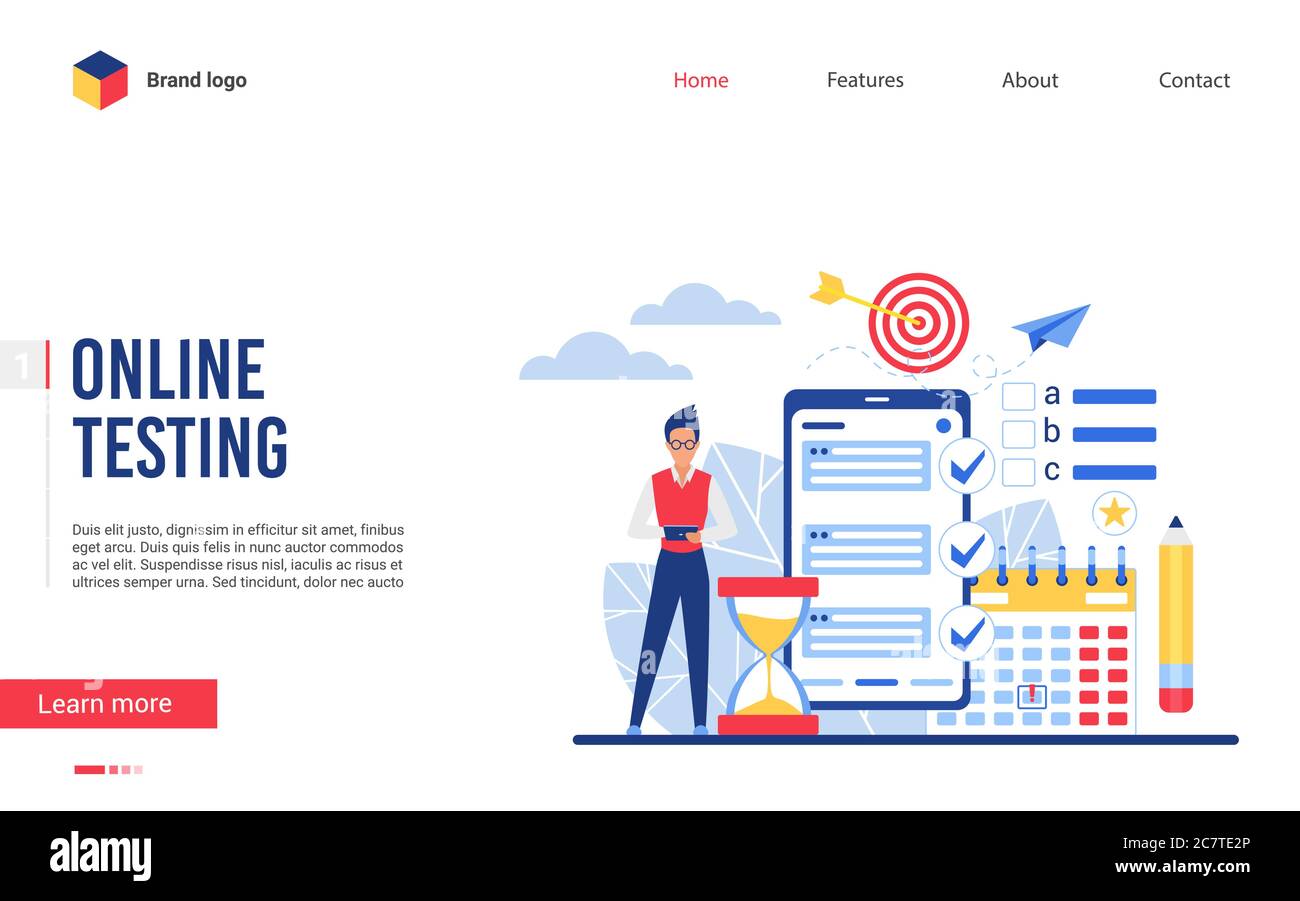 Illustrazione vettoriale del test dell'esame online. Cartoon piatto minuscolo uomo utilizzando l'app per smartphone per test online modulo di sondaggio o checklist, concetto fatto lavoro, a distanza interfaccia di formazione sito web progettazione Illustrazione Vettoriale
