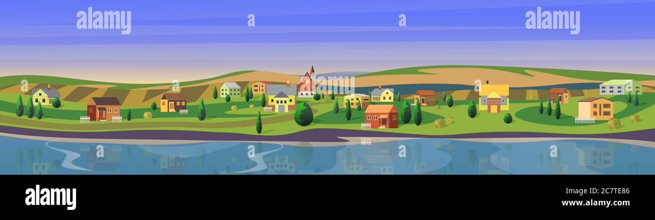 Bella piccola città piano cartoon paesaggio campagna panorama sfondo illustrazione vettoriale. Ampio fiume limpido e tranquillo, case tra alberi sul fiume, grandi campi verdi. Piccola città europea. Illustrazione Vettoriale