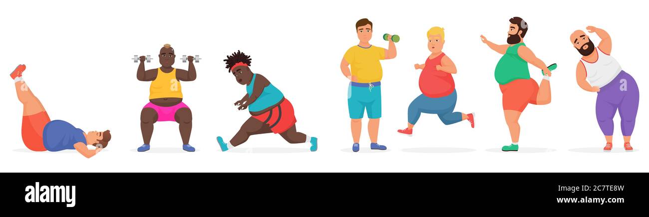 Divertente carino chubby fat uomo caratteri set facendo ginnastica esercizi. Sport fitness Big People illustrazione vettoriale Illustrazione Vettoriale