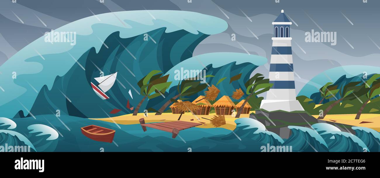 Tsunami piatto cartoon stagape paesaggio panoramico vettore illustrazione sfondo. Panorama di orribile disastro naturale, onda gigante, copre tranquilla piccola isola con faro, capanne di palme e yacht Illustrazione Vettoriale