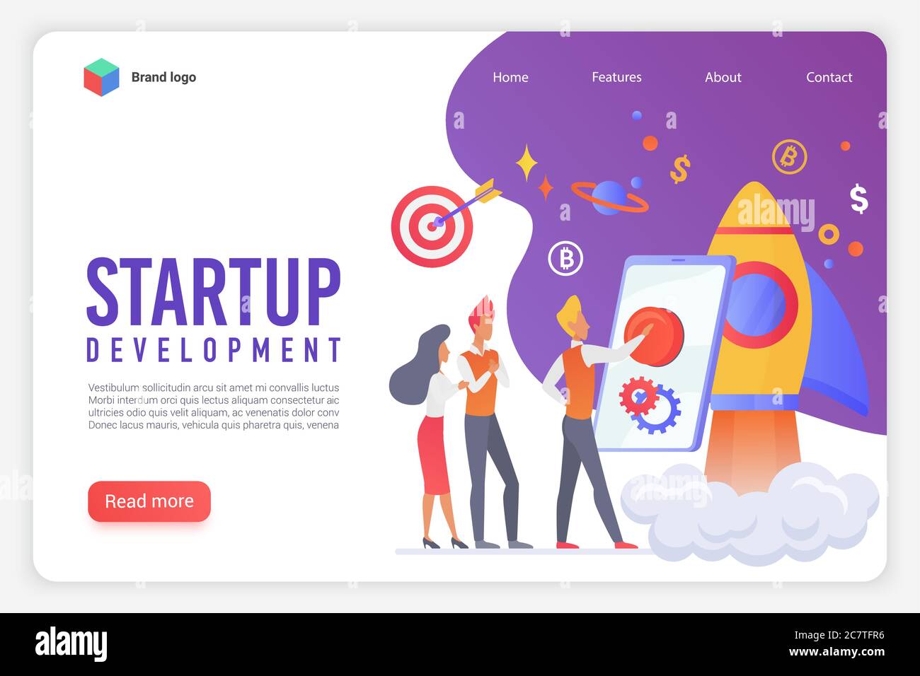 Moderno concetto di design piatto dello sviluppo Startup per siti Web e app mobili. Illustrazione vettoriale del layout del modello della pagina di destinazione Illustrazione Vettoriale