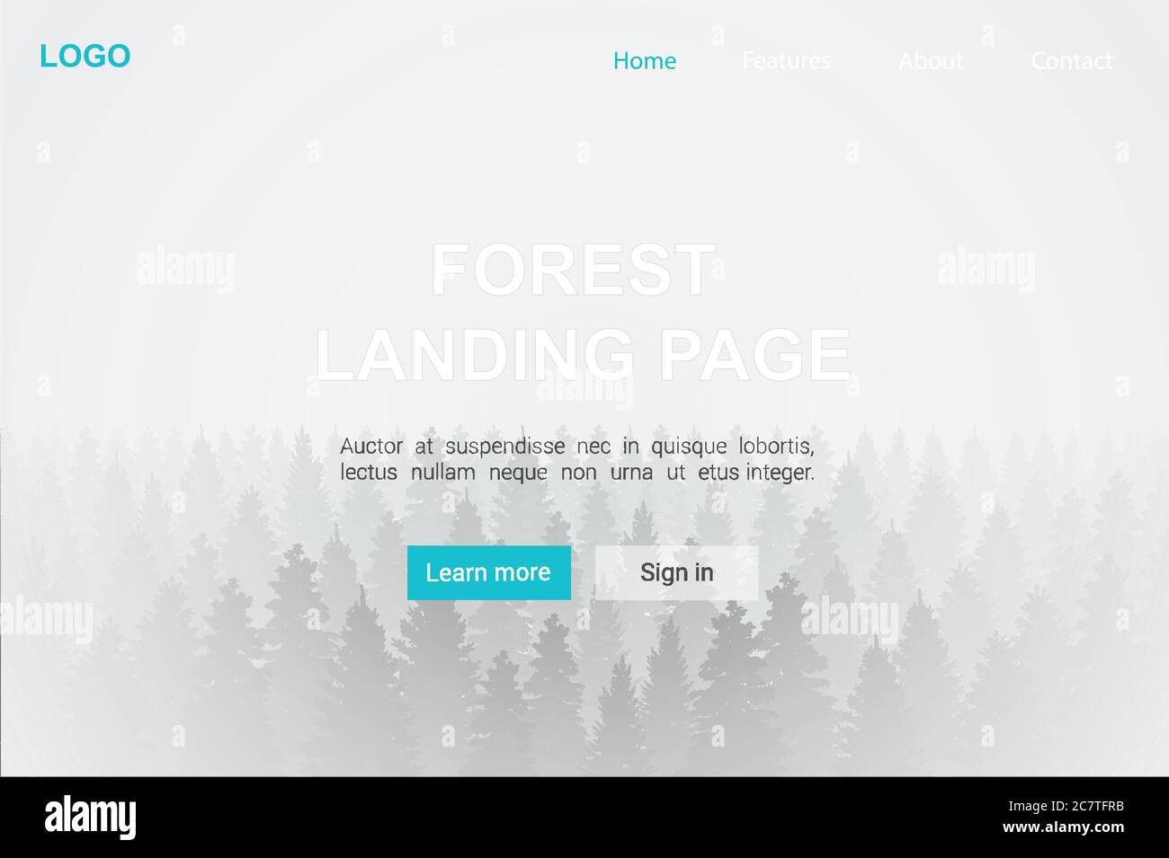 Landing page con foresta in nebbia sfondo realistico immagine vettoriale. Modello di paesaggio albero natura per la pubblicità sito, banner. Internet business connessi ambiente, viaggi, turismo Illustrazione Vettoriale