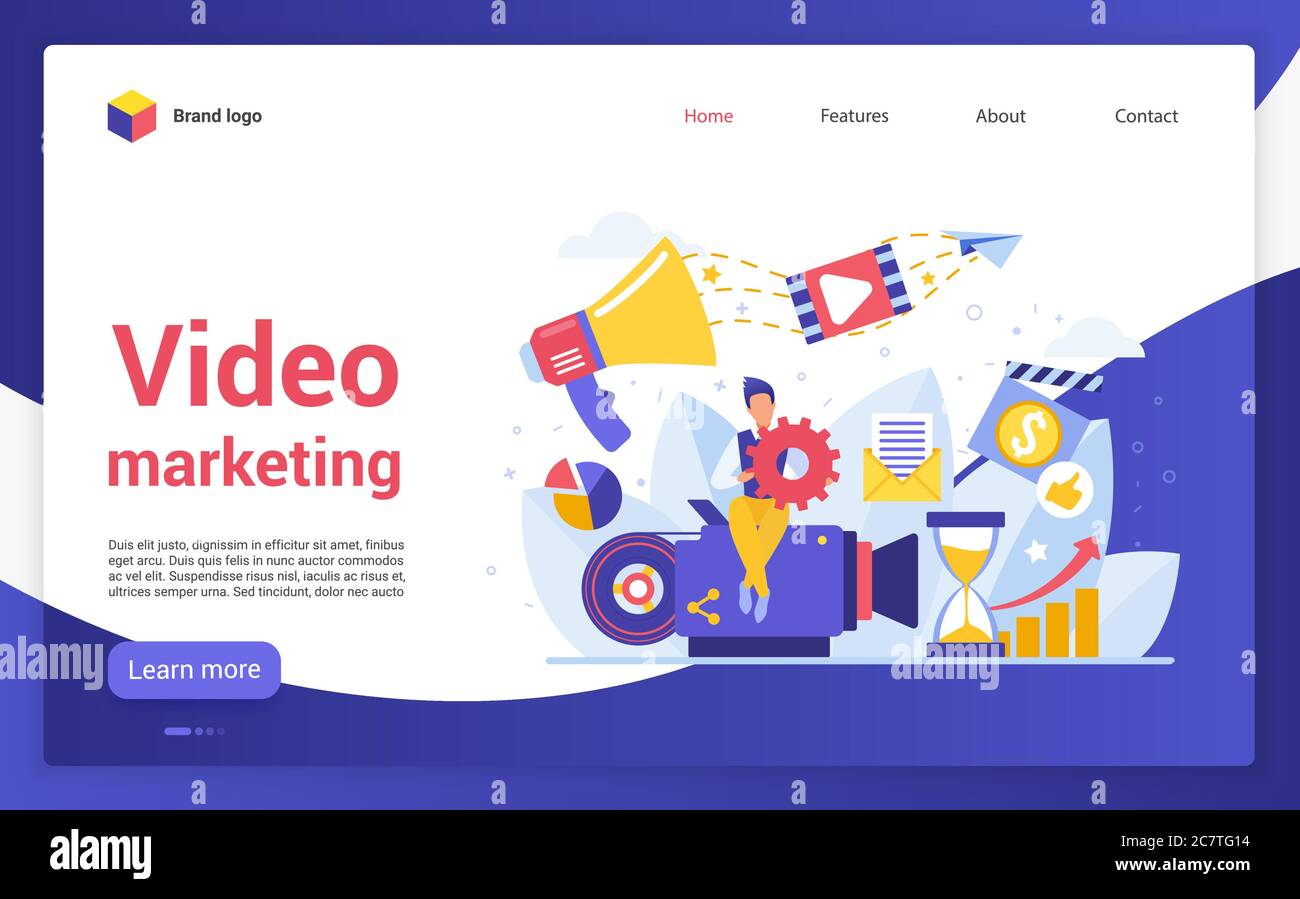 Campagna di video marketing sito web landing page flat cartoon vettore illustrazione. Social network media, creazione di contenuti, aumento della strategia di vendita, panoramica dei prodotti, banner Web vlog in streaming live. Illustrazione Vettoriale