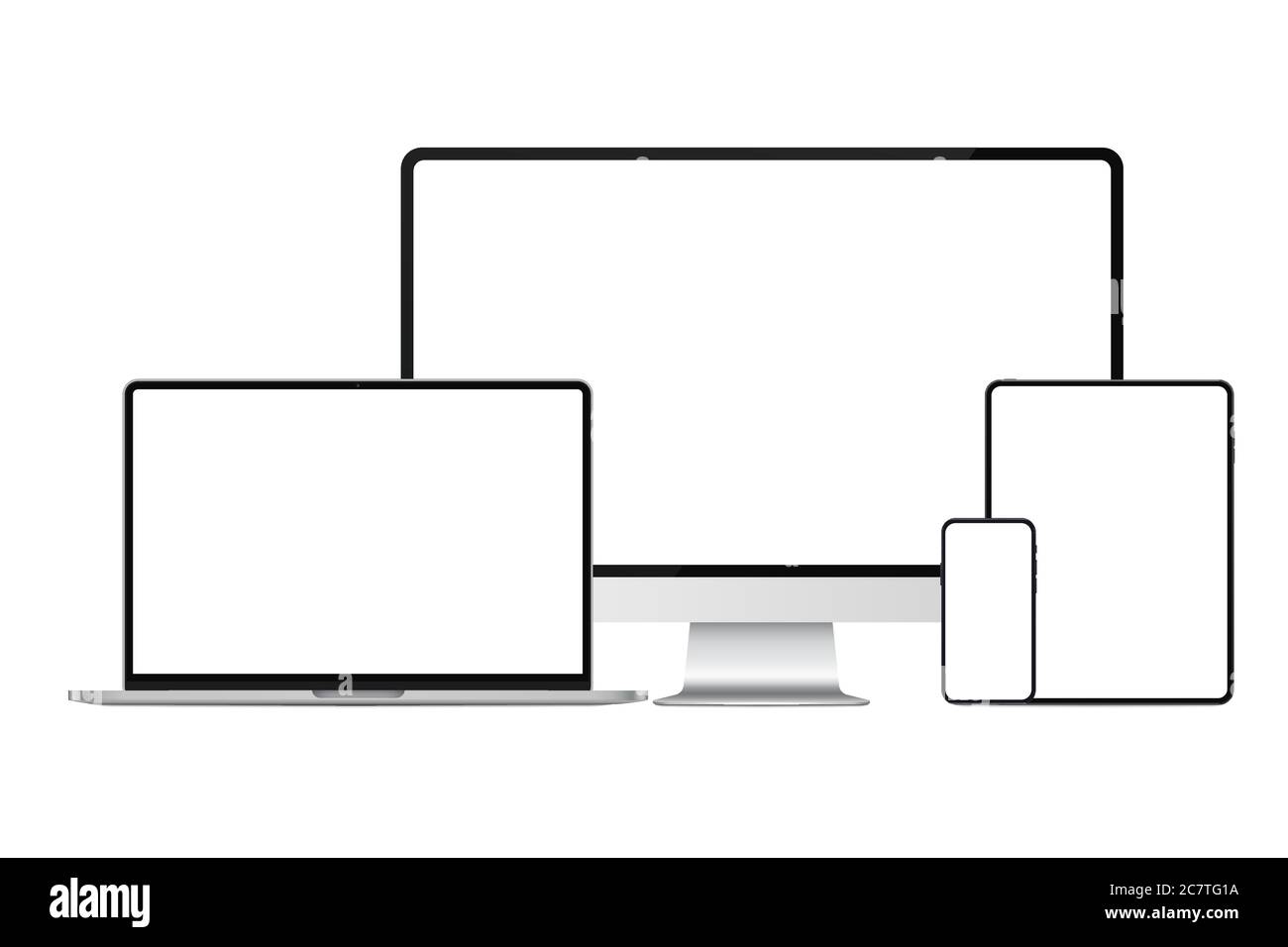 Nuova versione di Silver Metal moderno set di dispositivi elettronici premium mockup. Computer, laptop, tablet PAD e smartphone immagine vettoriale realistica di alta qualità Illustrazione Vettoriale