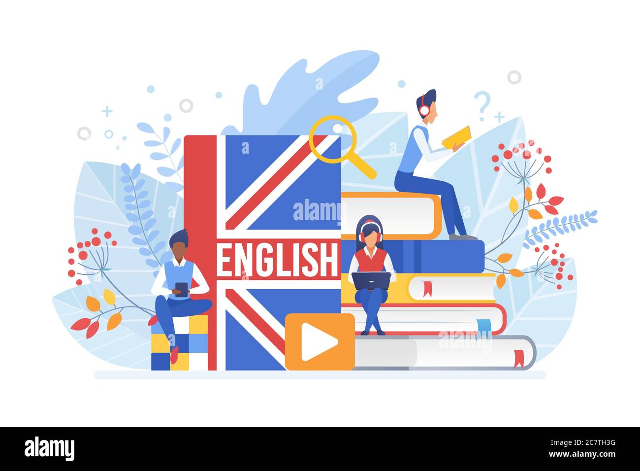 Persone che imparano l'inglese illustrazione vettoriale isometrica. Formazione a distanza, concetto di apprendimento online. Studenti che leggono libri cartoni animati 3d. Utilizzo di gadget hi-tech per l'insegnamento delle lingue straniere Illustrazione Vettoriale