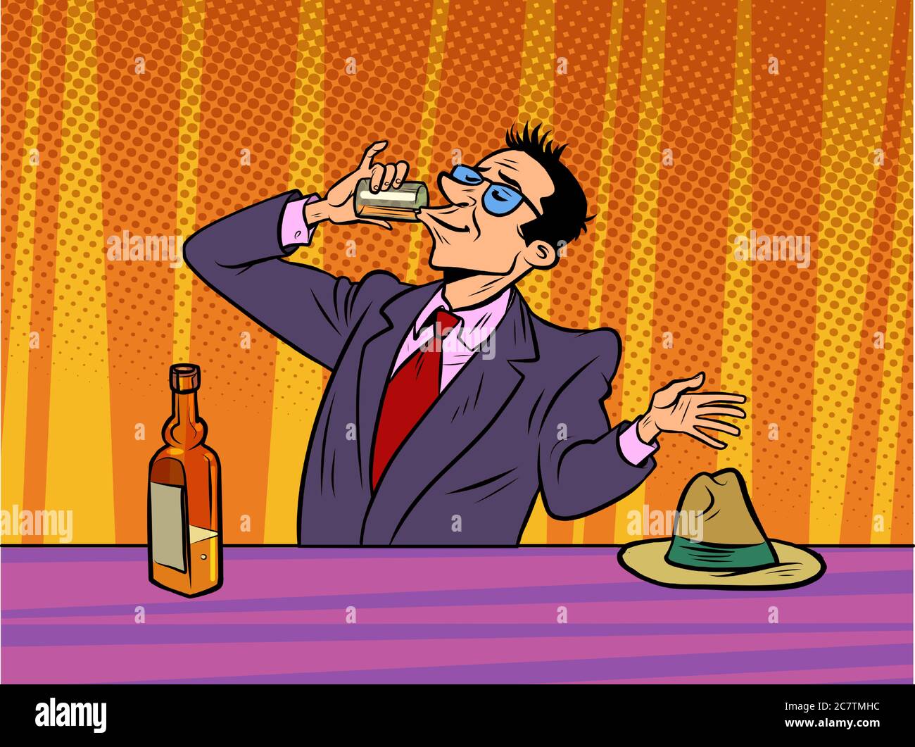 Uomo che beve alcol forte in una barra, alcolismo Illustrazione Vettoriale