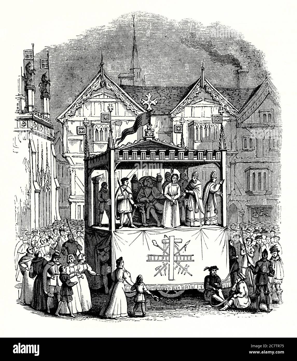 Una vecchia incisione che mostra una 'rappresentazione di tappezzeria' a Coventry, Warwickshire, Inghilterra, Regno Unito durante il Medioevo. I giochi di mistero (e i giochi di miracolo) sono tra le prime forme di gioco in Europa medievale. I giochi si concentrarono sulle storie bibliche nelle chiese o all'aperto con il canto di accompagnamento. Spesso sono stati eseguiti insieme in "cicli" che potrebbero durare per giorni. Il 'Ludus Coventriae' è ora generalmente accettato come una compilation di almeno tre vecchi, giochi non correlati. Ci sono anche due pageants da un ciclo del nuovo Testamento agito a Coventry. Foto Stock