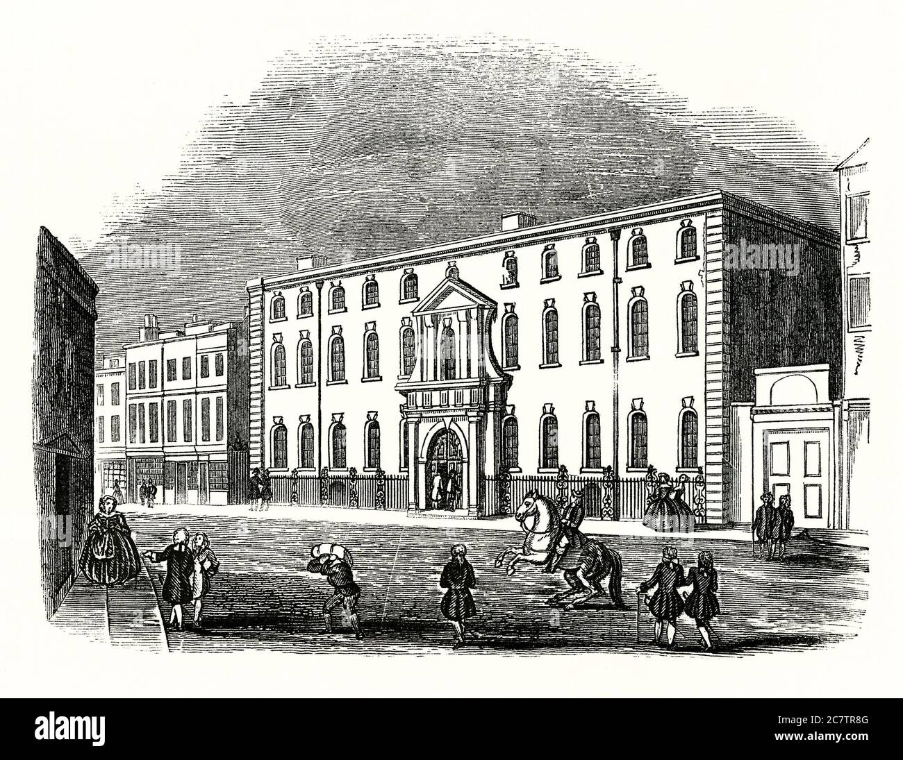 Una vecchia incisione che mostra South Sea House, Threadneedle Street nella città di Londra, Inghilterra, Regno Unito c. 1750. Questo edificio era la sede della South Sea Company. Incorporata nel 1711, la società è stata assegnata al monopolio del commercio britannico con l’America spagnola, ma quando fallì, si è imbarcata in un regime speculativo che si è concluso nel collasso economico noto come ‘Sla bocca del mare Bubble’. Ha visto molti investitori rovinati. L'edificio fu parzialmente ristrutturato nel 1850 ma fu demolito alla fine del XIX secolo. Foto Stock