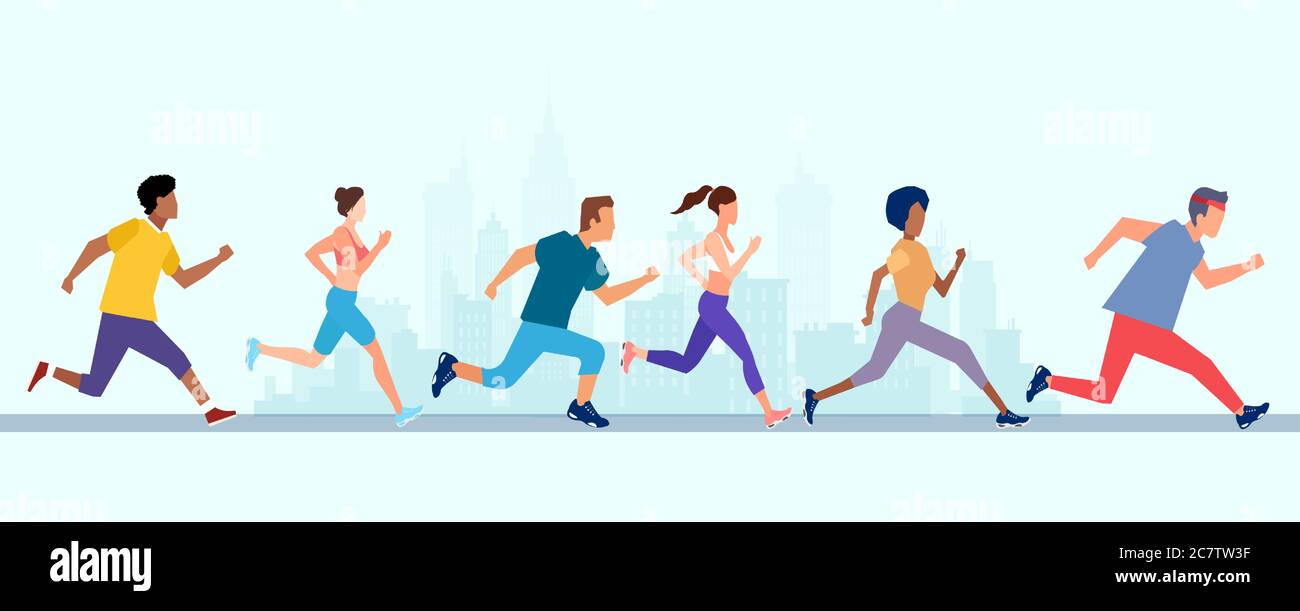 Vettore di giovani uomini e donne che corrono maratona jogging su una strada cittadina. Illustrazione Vettoriale