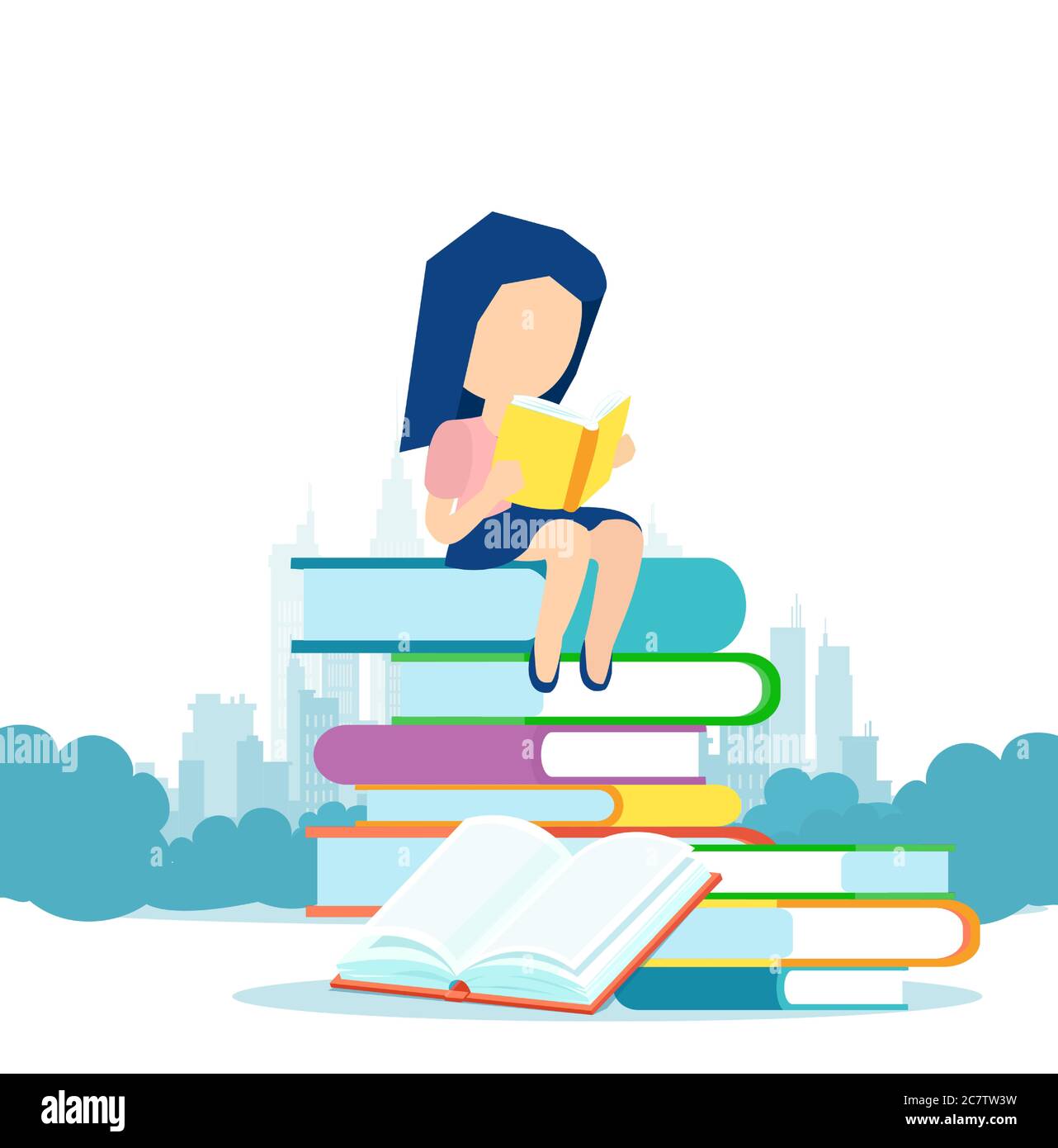 Vettore di una bambina seduta su un mucchio di libri e di lettura Illustrazione Vettoriale