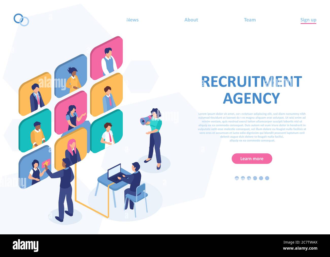 Concetto di agenzia di lavoro per i dipendenti. Vettore di un team di reclutamento che assume persone online Illustrazione Vettoriale