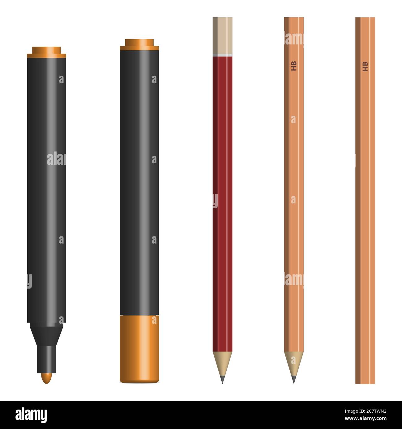 Set di marcatori di testo e matite diversi, con e senza una tazza. Isolato su sfondo bianco, illustrazione vettoriale. Illustrazione Vettoriale