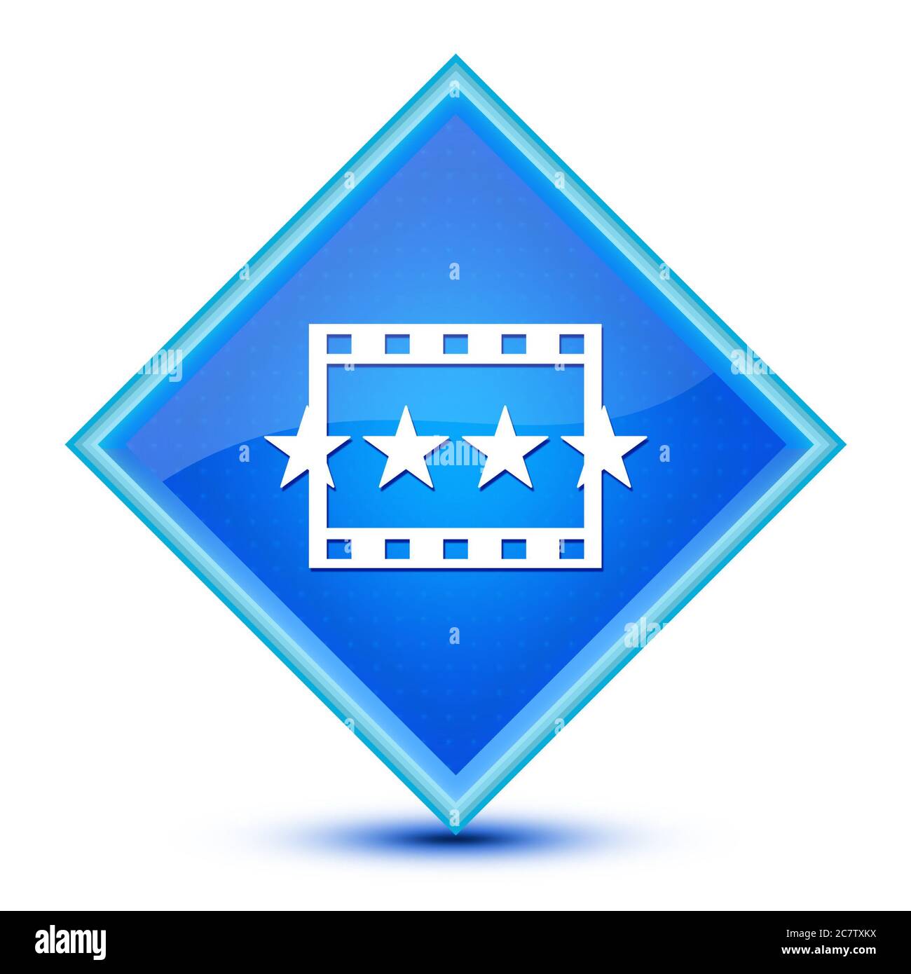 Icona di recensioni dei filmati isolata su speciale simbolo astratto con il pulsante diamante blu Foto Stock