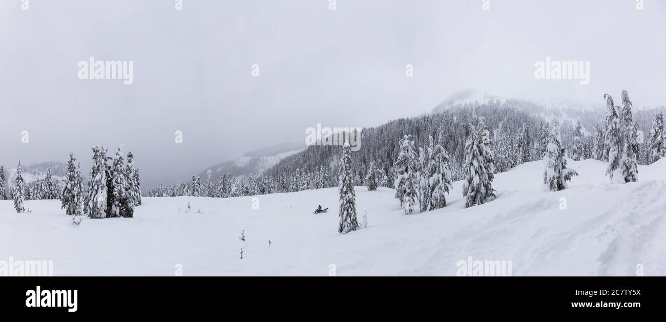 Vista panoramica del paesaggio montano canadese coperto di neve bianca Foto Stock