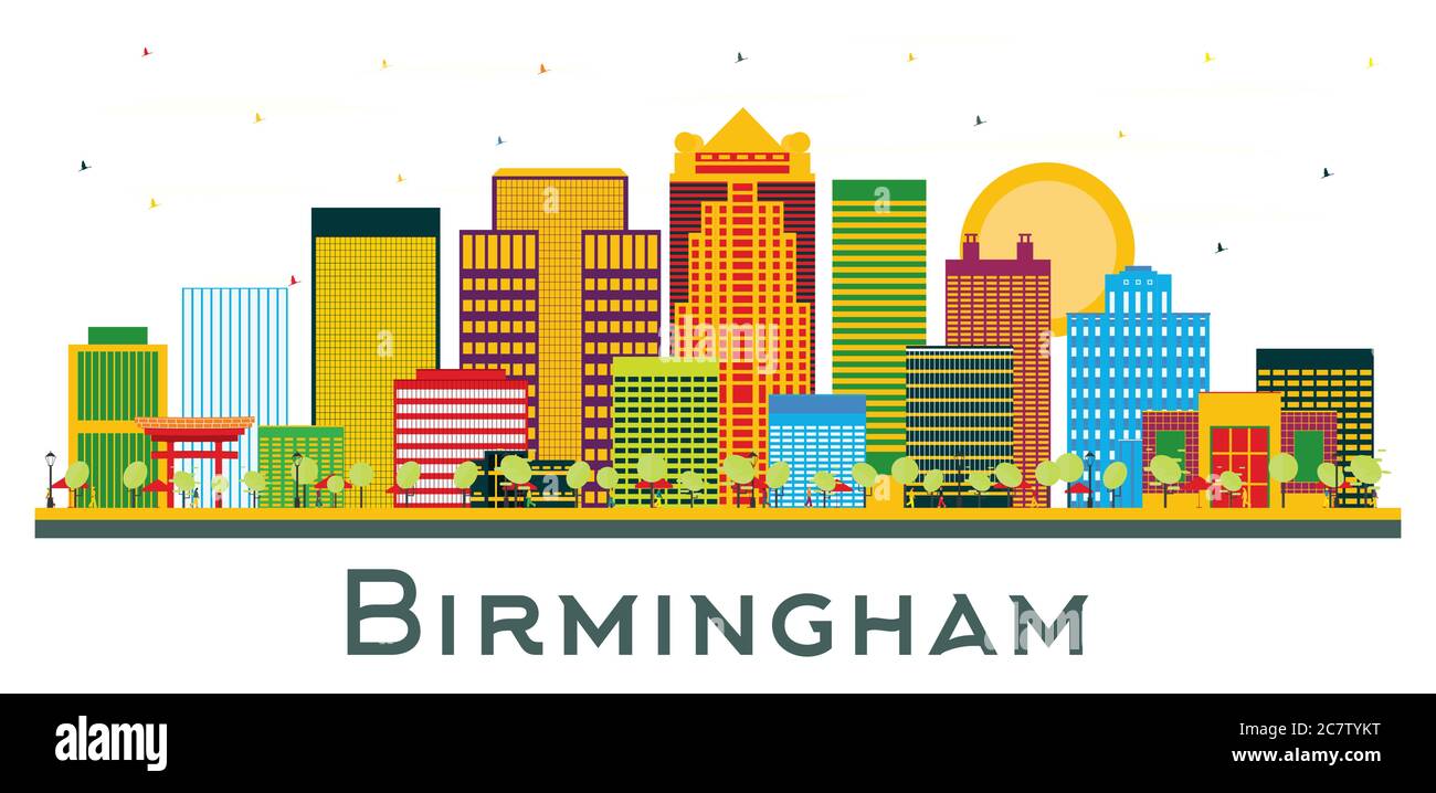 Birmingham Alabama City Skyline con edifici a colori isolati su bianco. Illustrazione vettoriale. Viaggio d'affari e concetto turistico con storico. Illustrazione Vettoriale