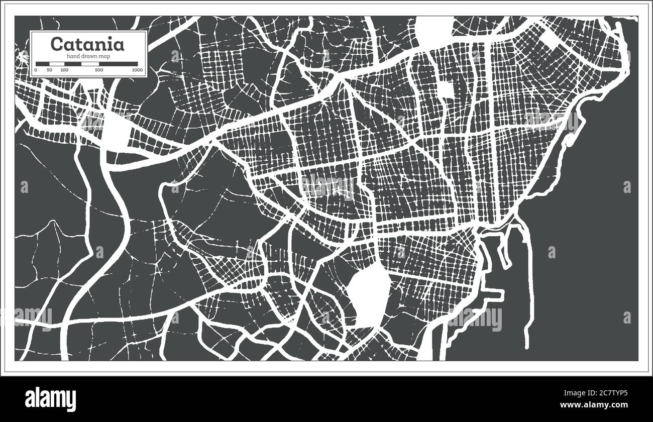 Catania Mappa della città in bianco e nero in stile retro. Mappa di contorno. Illustrazione vettoriale. Illustrazione Vettoriale