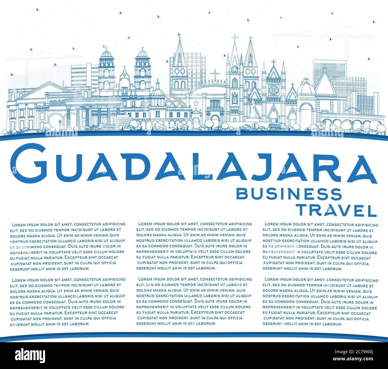 Profilo Guadalajara Città del Messico skyline con edifici blu e Copy Space. Illustrazione vettoriale. Illustrazione Vettoriale