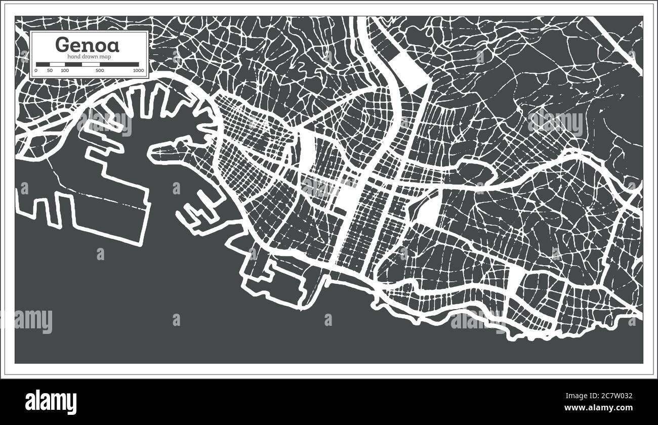 Mappa della città di Genova in bianco e nero in stile retro. Mappa di contorno. Illustrazione vettoriale. Illustrazione Vettoriale