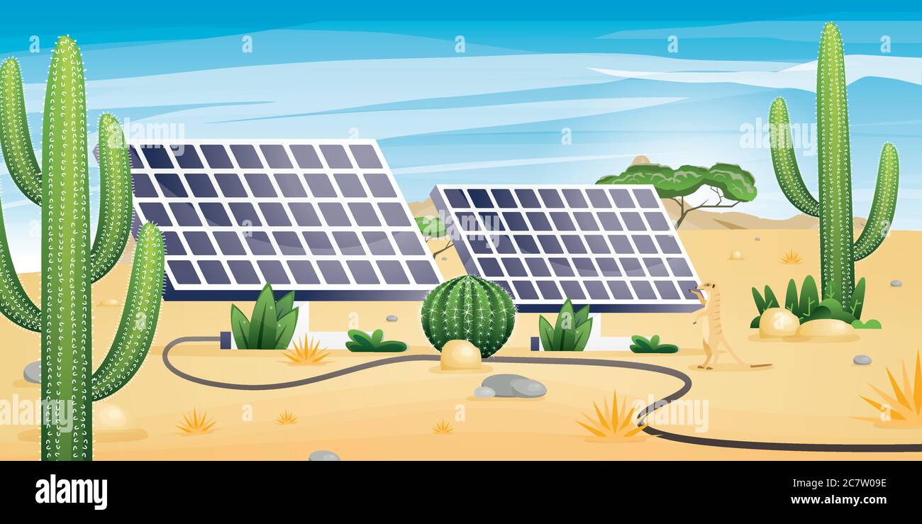 Concetto di energia solare con paesaggio desertato. Due pannelli solari e piante. Tecnologie ecologiche alternative rinnovabili. Cactus e pietre. Illustrazione Vettoriale
