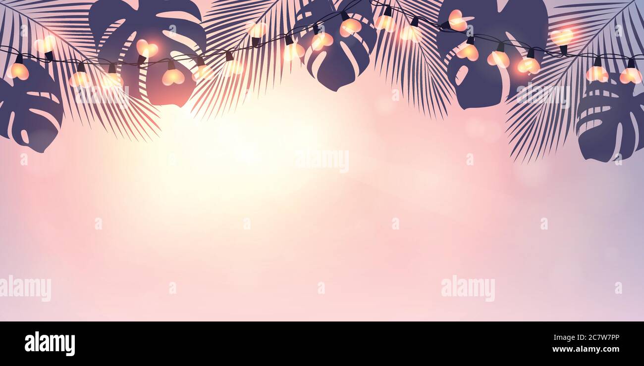 Sfondo tropicale paradiso estivo con fata luce e foglie di palma vettore illustrazione EPS10 Illustrazione Vettoriale
