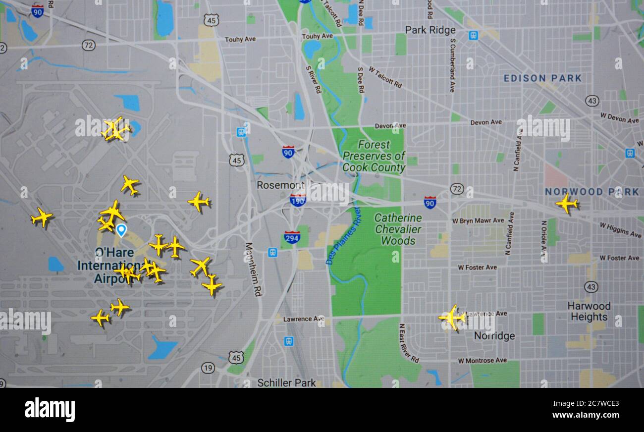 Traffico aereo sull'aeroporto o'Hare di Chicago (19 luglio 2020, UTC 16.35) su Internet con il sito Flightradar 24, durante il Coronavirus Pandemic Foto Stock