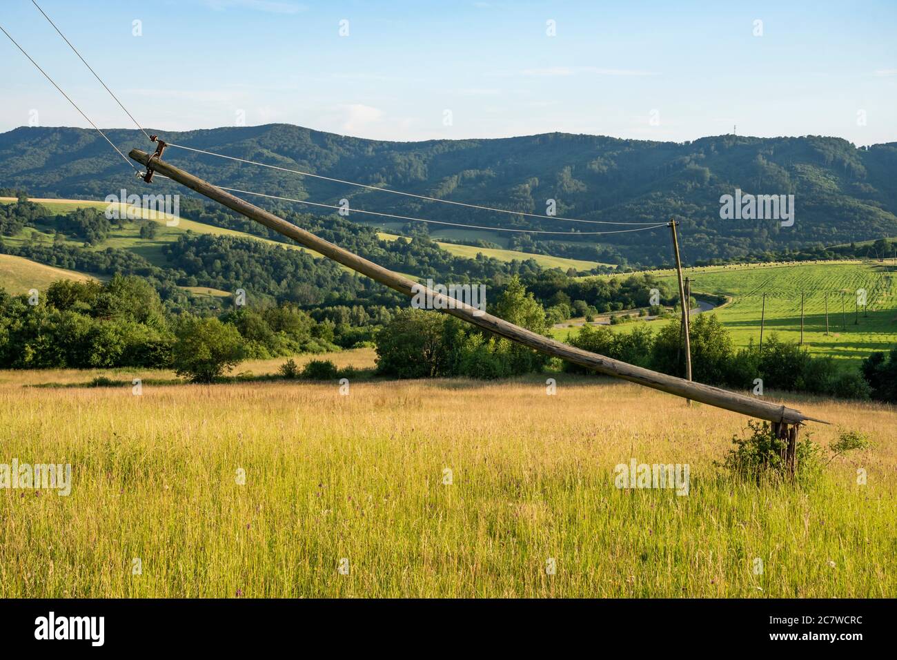 Vecchio rotto elettricità in legno o palo di telecomunicazione in montagna. Carpazi orientali, Slovacchia, Europa Foto Stock