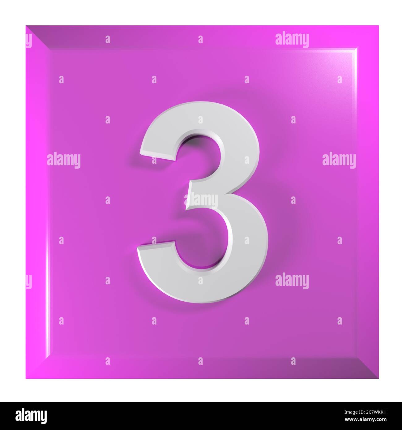Pulsante quadrato viola numero 3 su sfondo bianco - rappresentazione 3D Foto Stock