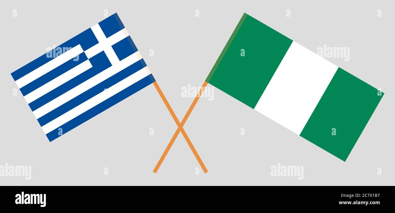 Bandiere incrociate della Nigeria e della Grecia. Colori ufficiali. Proporzione corretta. Illustrazione vettoriale Illustrazione Vettoriale