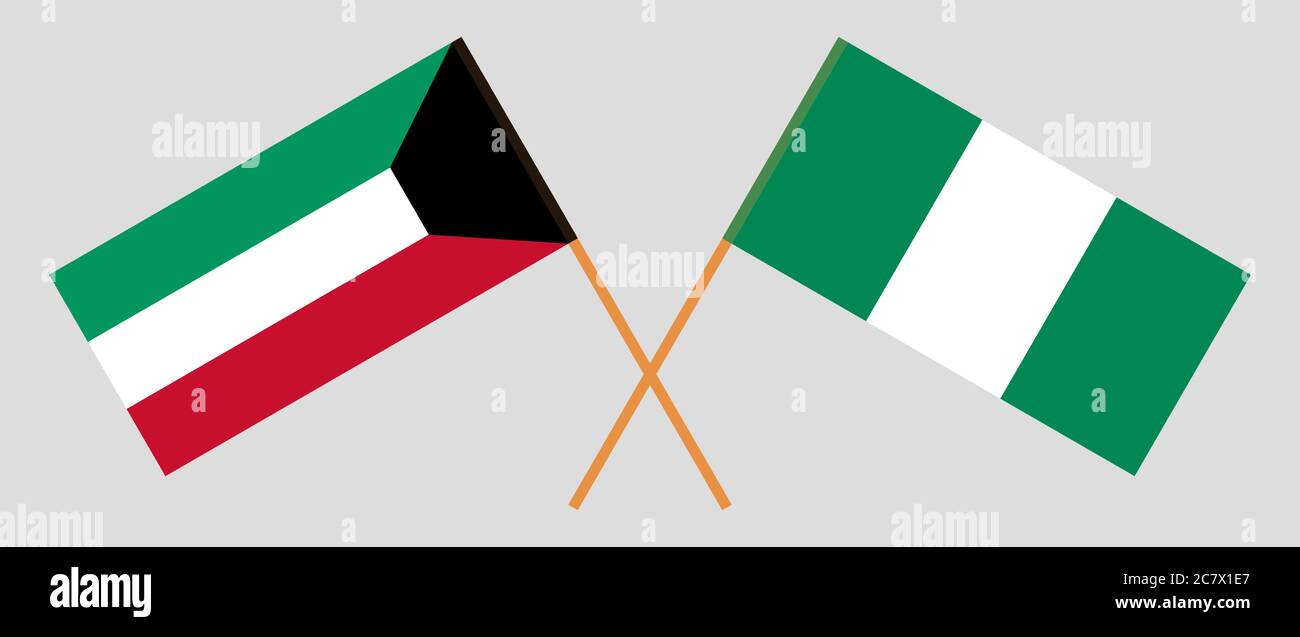 Bandiere incrociate di Nigeria e Kuwait. Colori ufficiali. Proporzione corretta. Illustrazione vettoriale Illustrazione Vettoriale