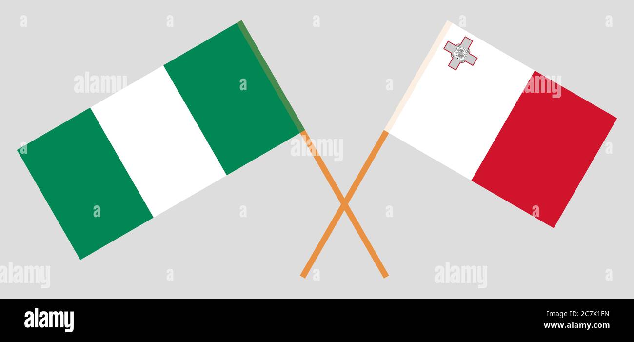 Bandiere incrociate di Nigeria e Malta. Colori ufficiali. Proporzione corretta. Illustrazione vettoriale Illustrazione Vettoriale