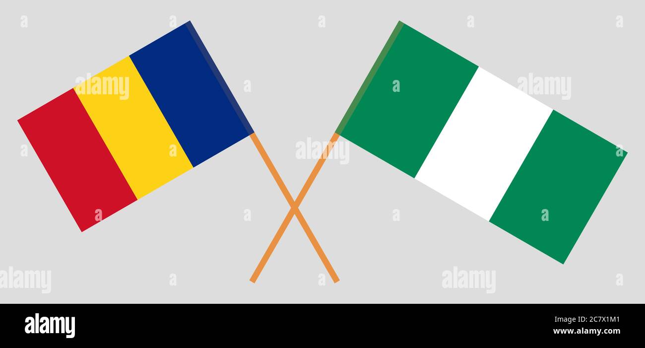 Bandiere incrociate della Nigeria e della Romania. Colori ufficiali. Proporzione corretta. Illustrazione vettoriale Illustrazione Vettoriale