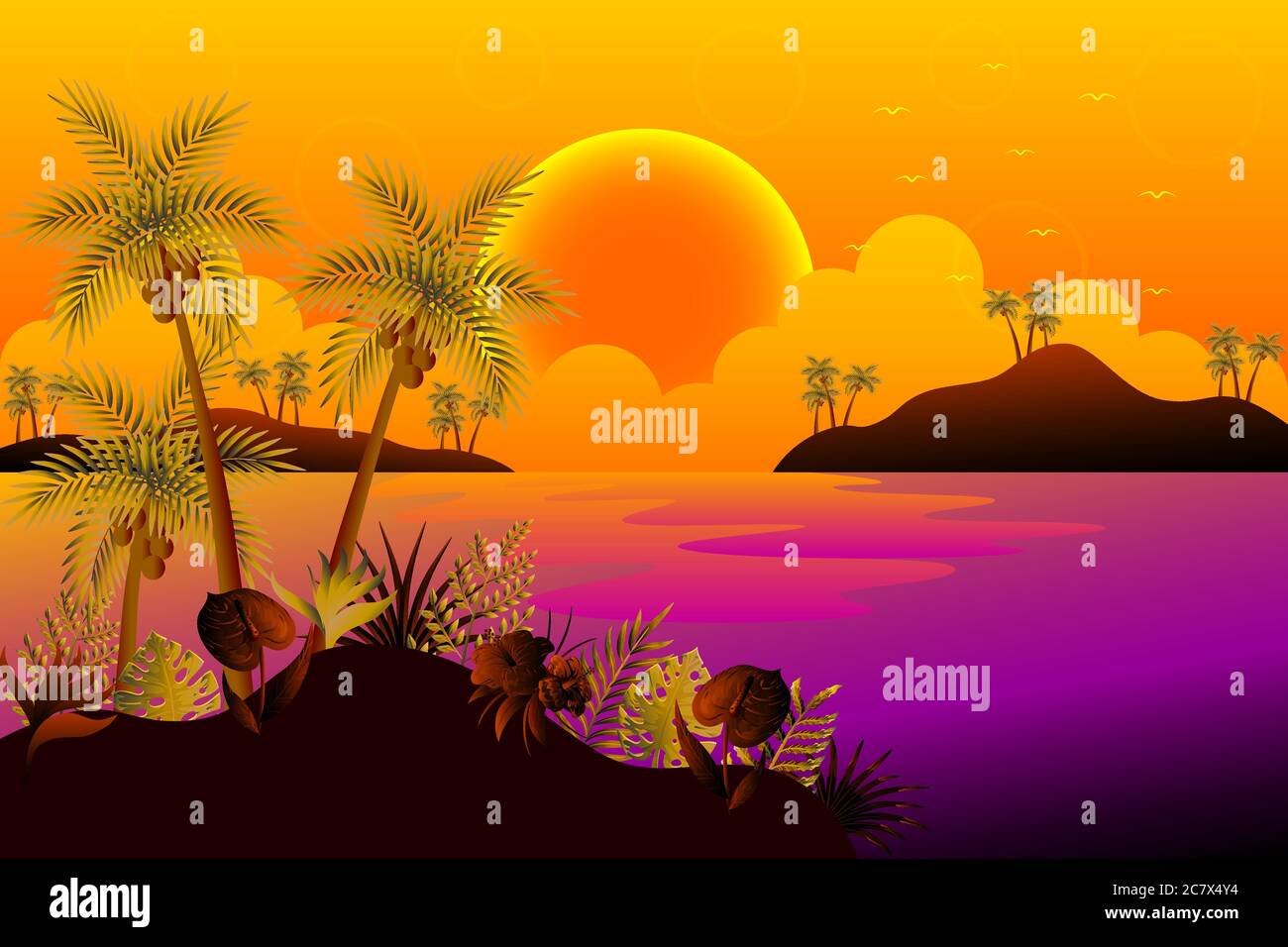 Tramonto sulla spiaggia estiva vettore iustration Illustrazione Vettoriale