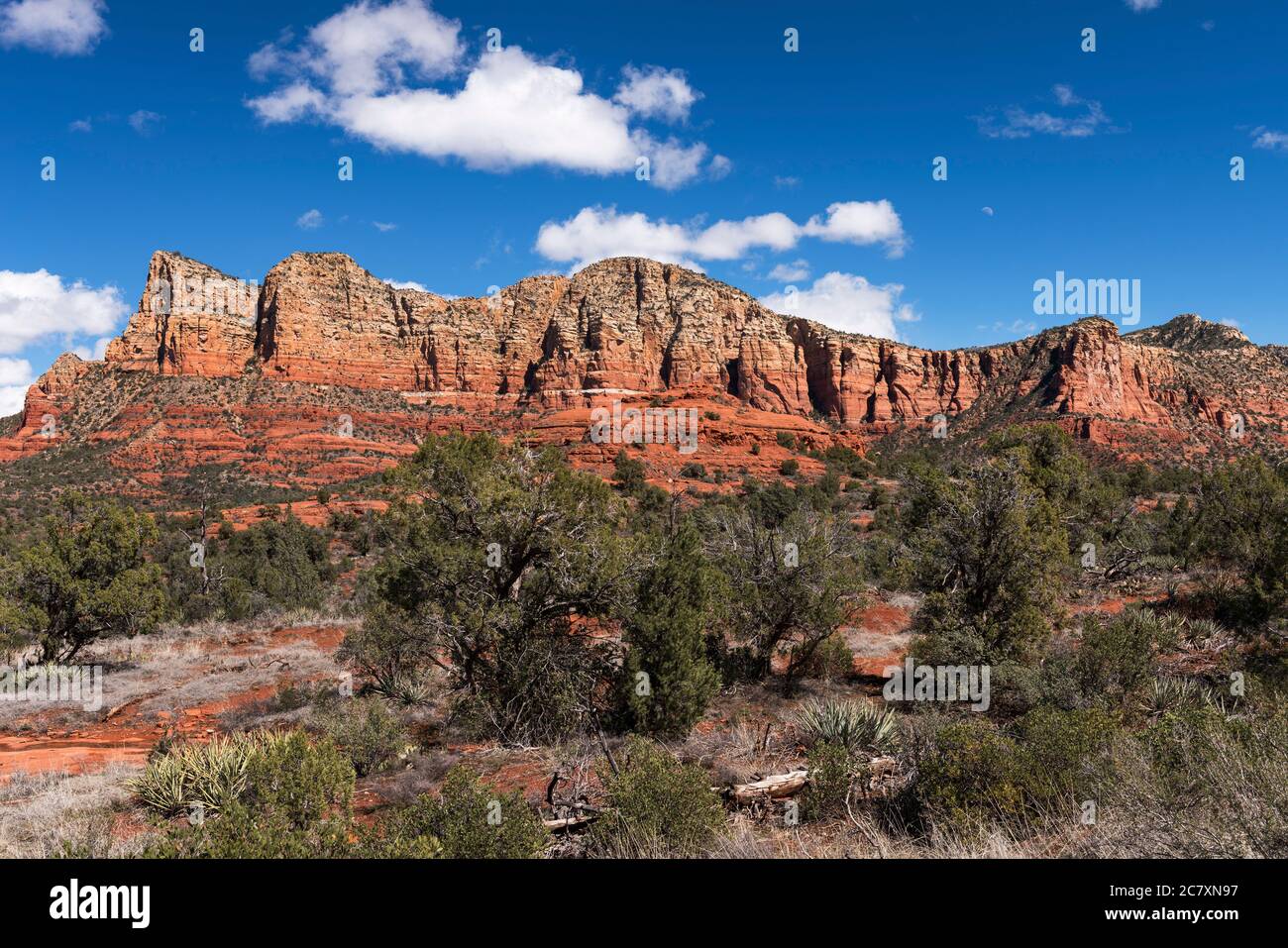 Gibilterra e Lee Mountain si innalzano sopra la Foresta Nazionale di Coconino, con la pietra miliare Baby Bell Rock nel mezzo. Situato vicino a Sedona Arizona. Foto Stock