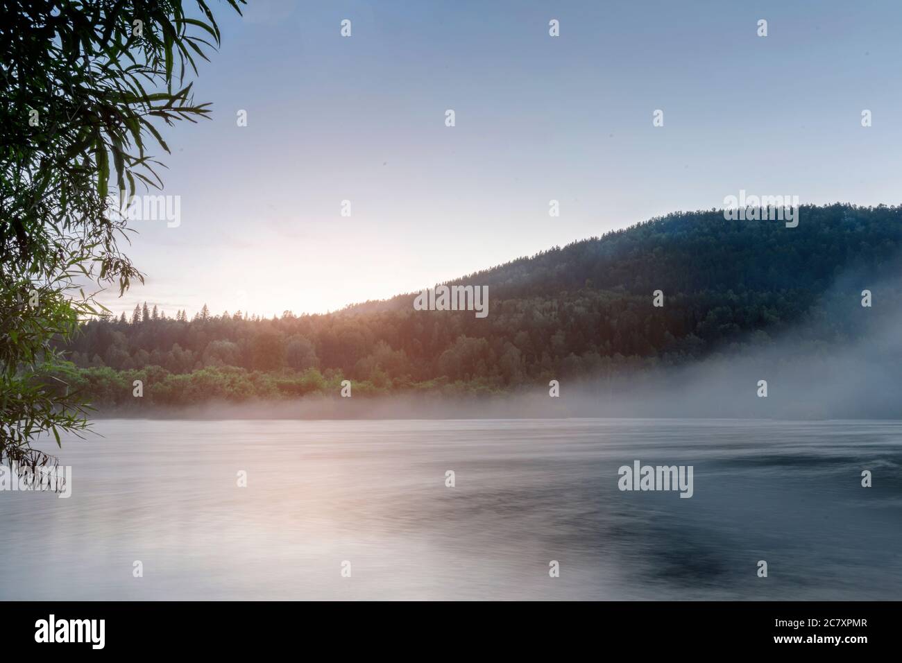 alba su un fiume nebbio in Siberia in estate. Splendido paesaggio naturale, pace e tranquillità, il dolce flusso d'acqua. Foto Stock