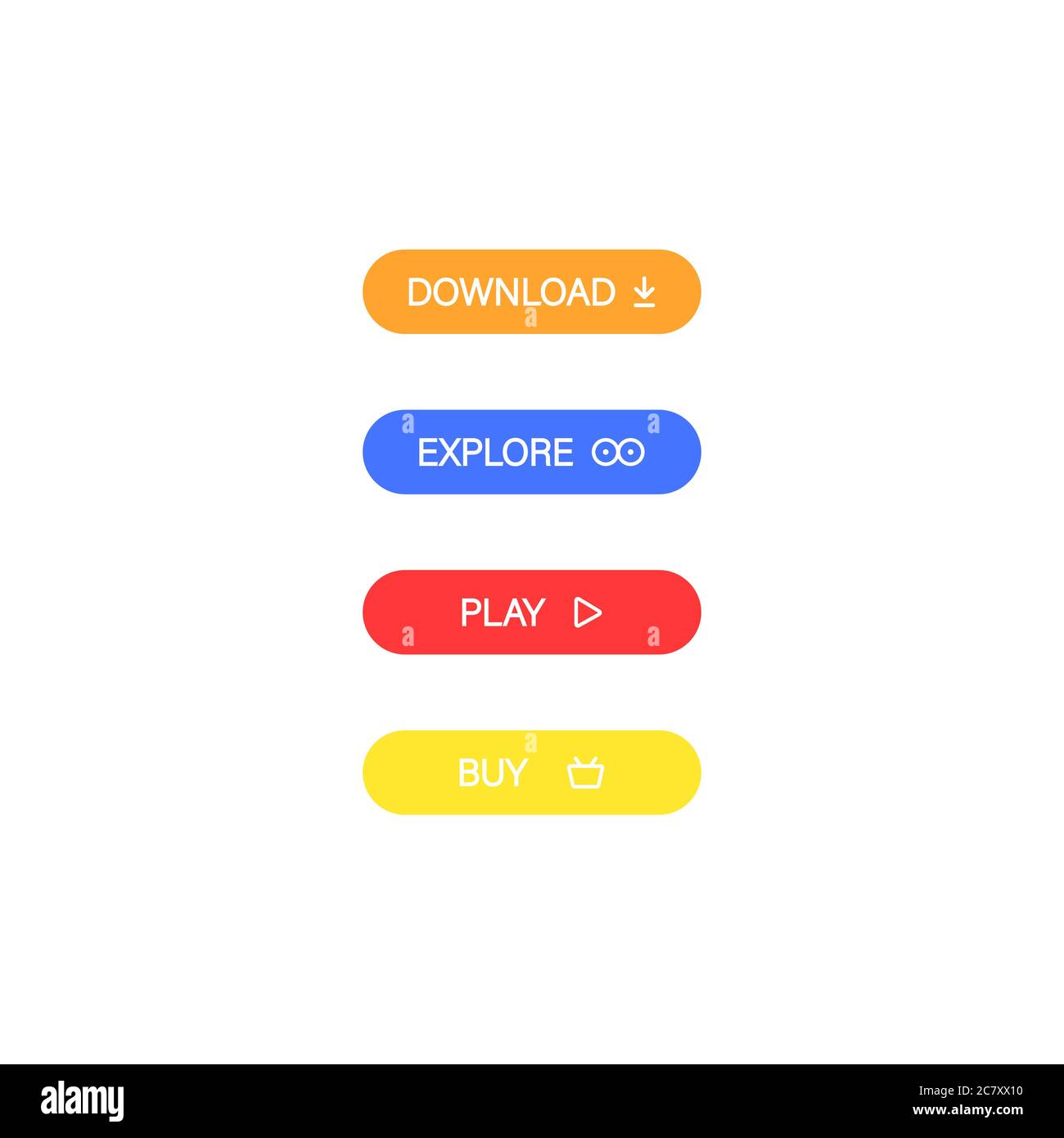 Scarica, esplora, acquista, gioca insieme di icone piatte. Pulsanti colorati per siti Web. Vettore su sfondo bianco isolato. EPS 10 Illustrazione Vettoriale