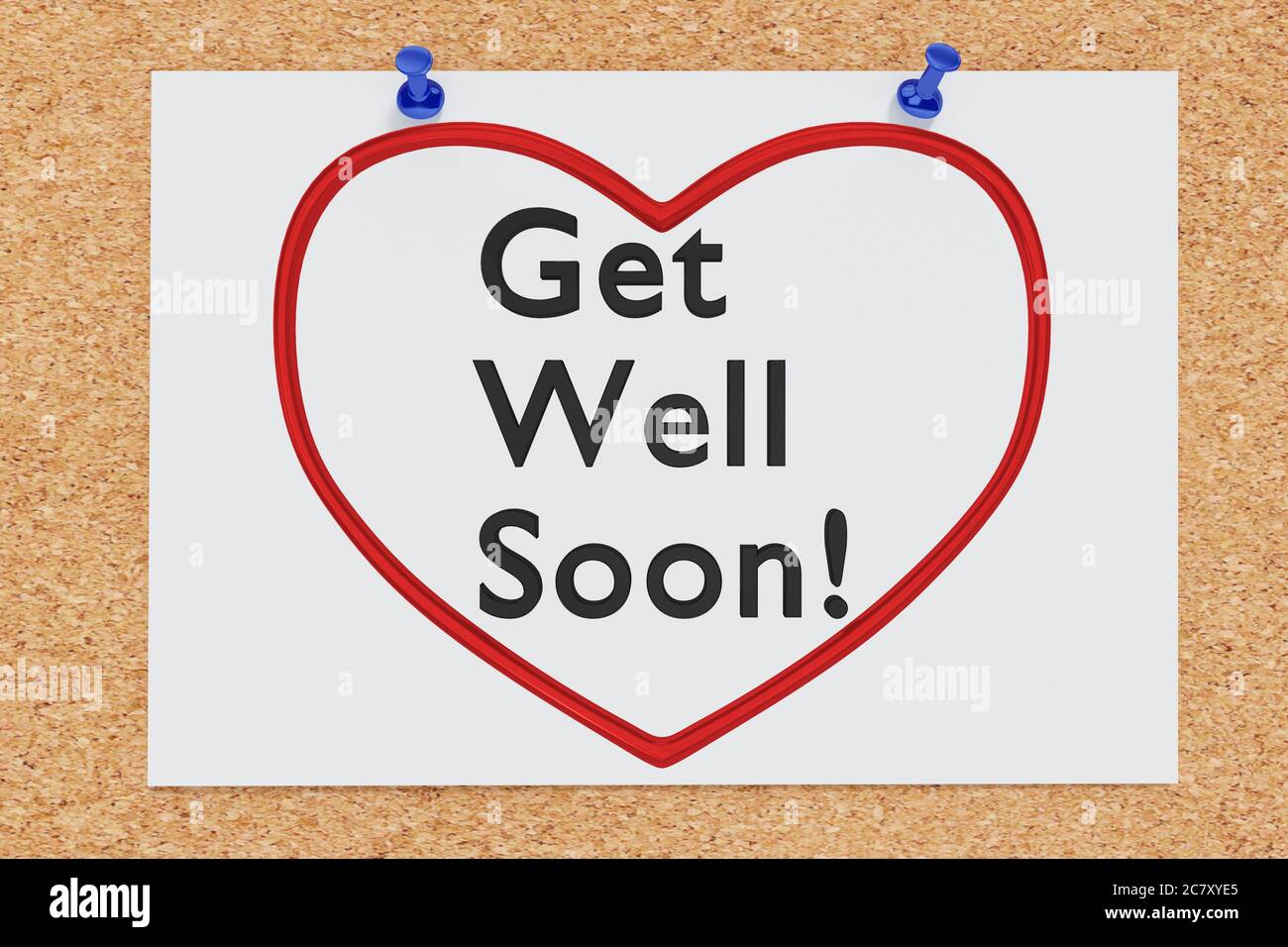 Illustrazione 3D di Get Well Soon! testo all'interno della silhouette del cuore rosso sulla tavola di sughero Foto Stock