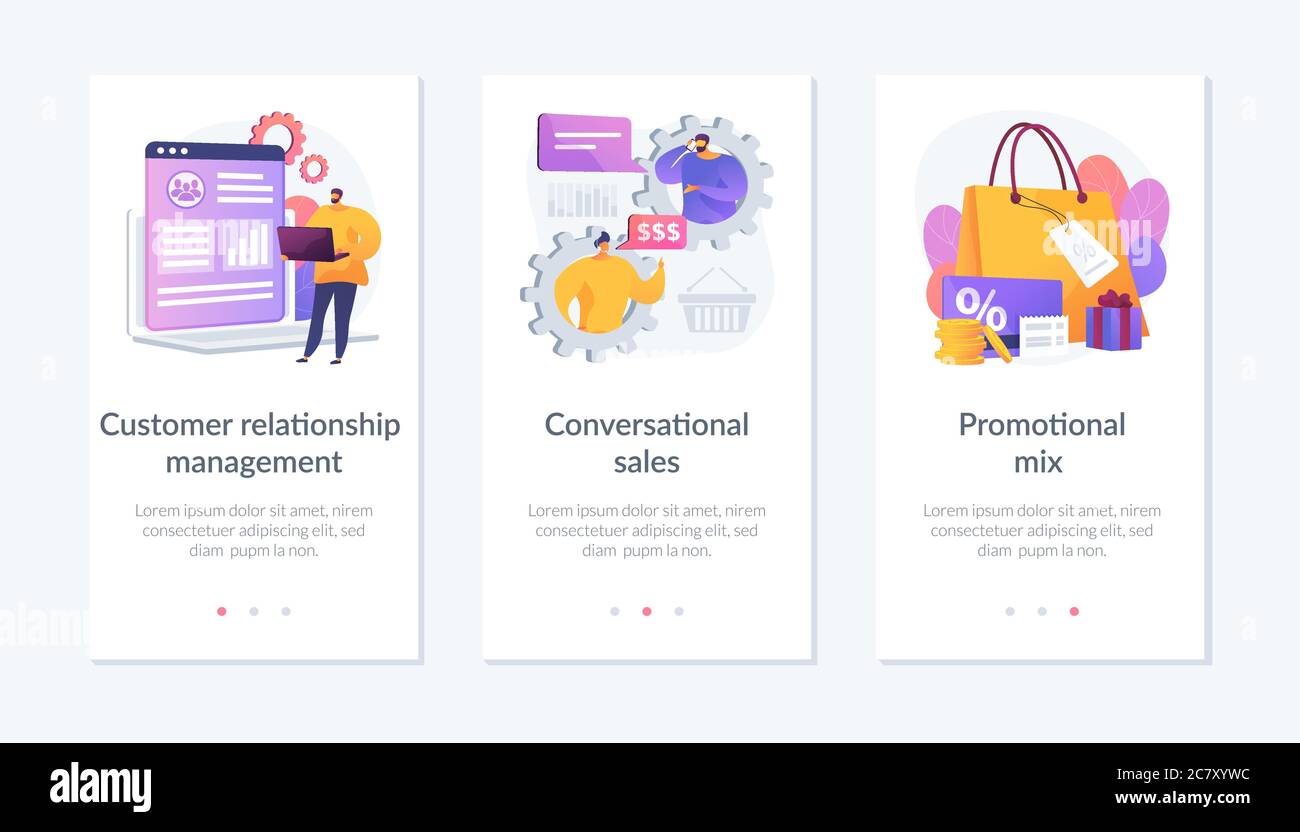 Modello di interfaccia dell'app tecniche di vendita. Illustrazione Vettoriale