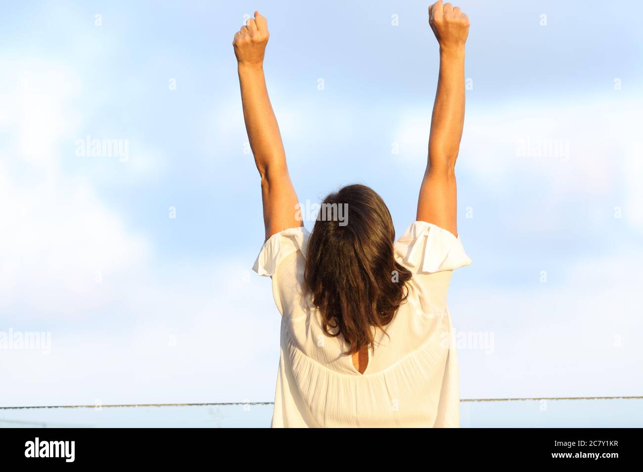 Indietro vista ritratto di una donna adulta eccitata che celebra il successo alzando le braccia in piedi su un balcone Foto Stock