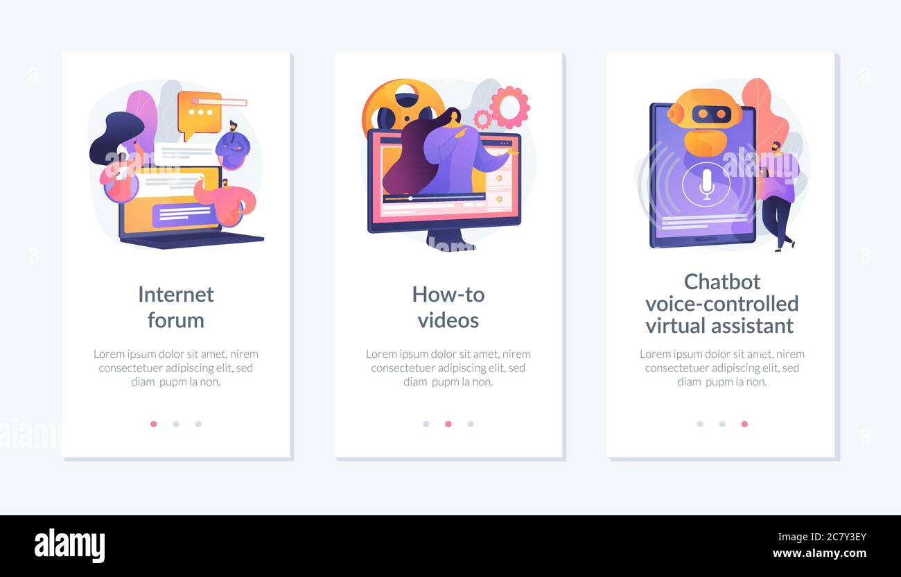 Modello di interfaccia dell'app di assistenza e assistenza virtuale. Illustrazione Vettoriale