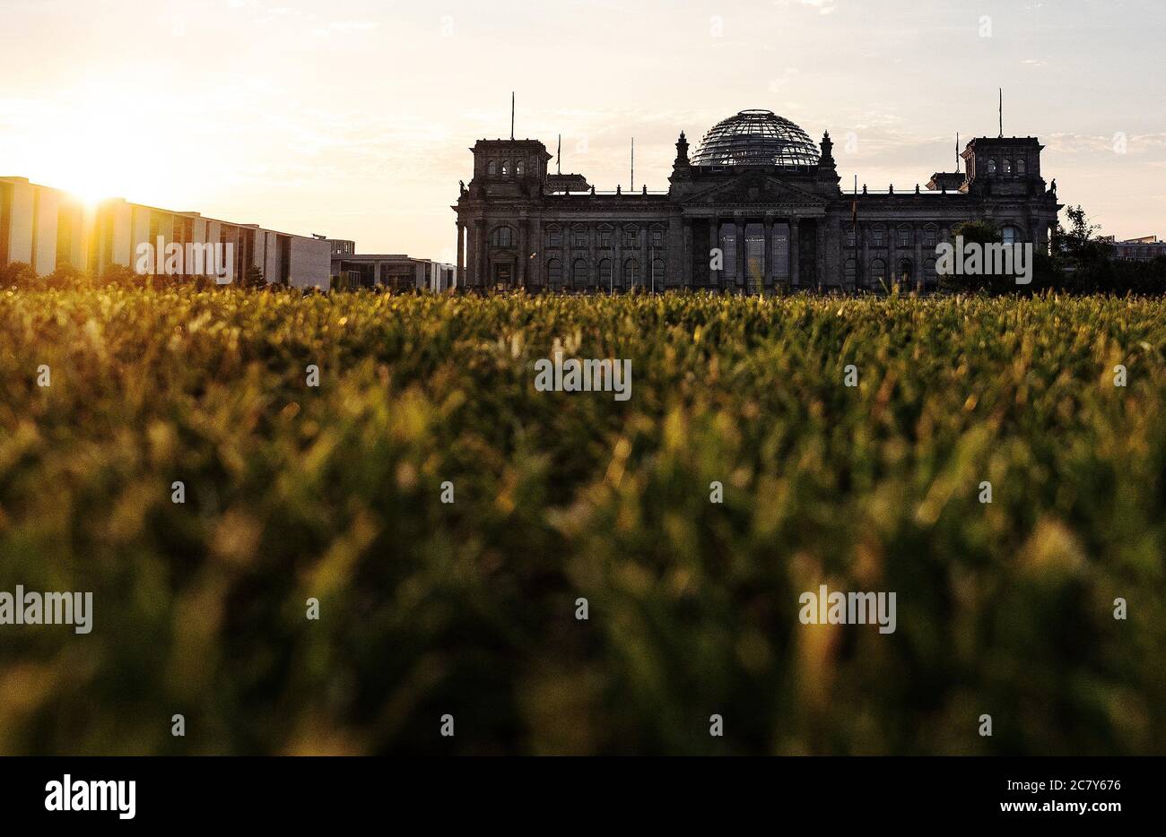 Berlino, Germania. 20 luglio 2020. Il prato di fronte al Reichstag si trova alla luce del sole che sorge. Dopo settimane di chiusura, l'area verde è nuovamente liberamente accessibile. Il prato era stato chiuso per consentire il recupero. Credit: Paul Zinken/dpa/Alamy Live News Foto Stock