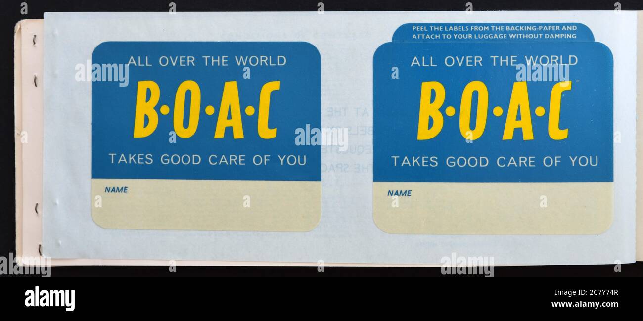 British Overseas Airways Corporation - BOAC - etichette per bagagli inutilizzate all'interno del carnet di biglietti aerei da 1964 - Inghilterra, Regno Unito Foto Stock