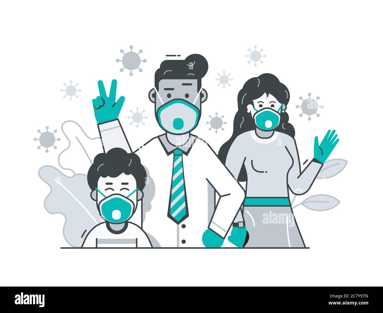 Famiglia con maschere facciali concetto di protezione antivirus Illustrazione Vettoriale