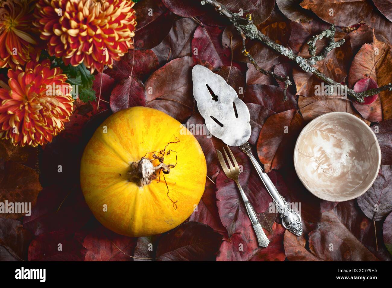 Il giallo e il rosso i colori di sfondo in autunno con la zucca, foglie, fiori e stoviglie Foto Stock