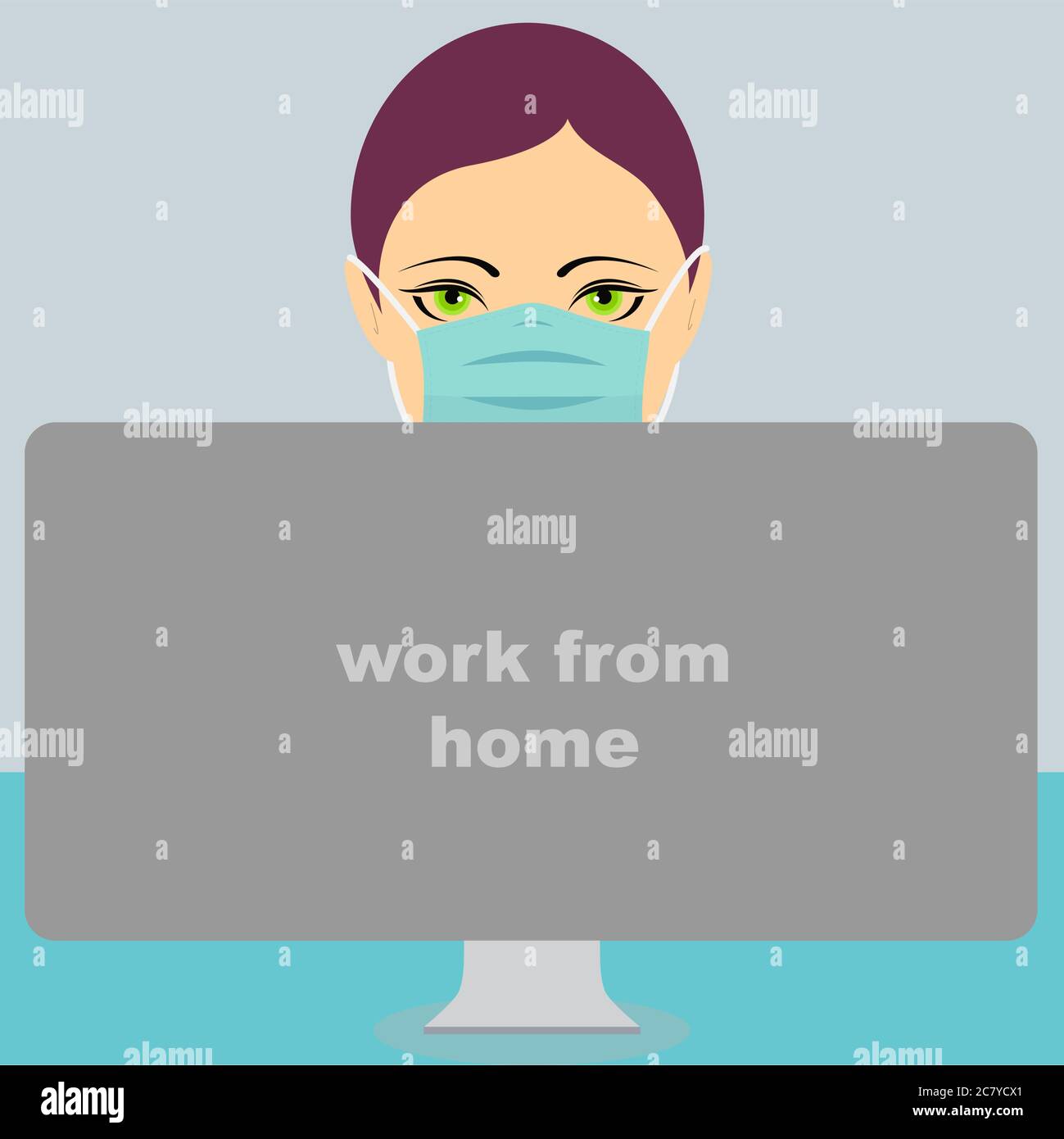 Giovane donna che indossa una maschera davanti a un computer con il testo "lavoro da casa" Illustrazione Vettoriale