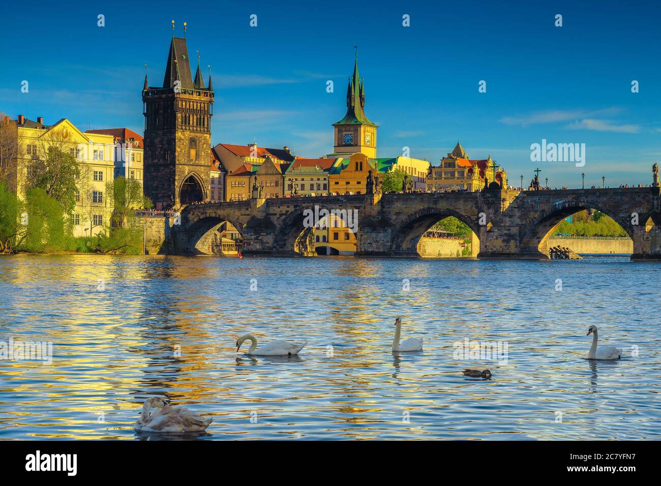 Bellissima città europea con grandi località turistiche e storiche. Praga città con edifici colorati e cigni sul fiume, Repubblica Ceca, Foto Stock