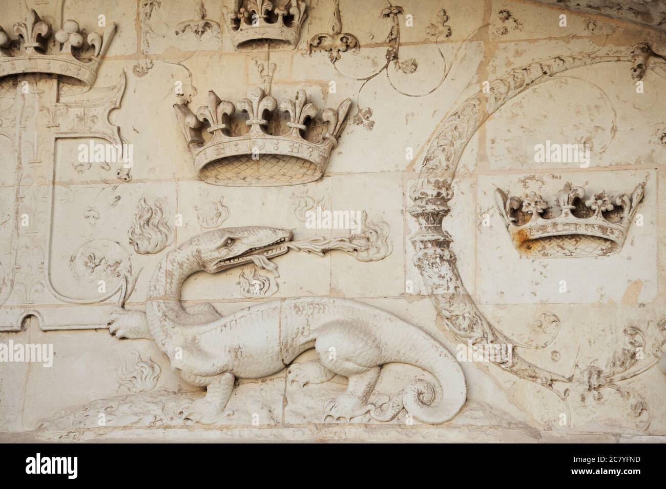 BLOIS, FRANCIA - 15 LUGLIO 2018: Castello reale di Blois. Dettaglio architettonico dell'esterno. Salamander con corone che respira il fuoco Foto Stock